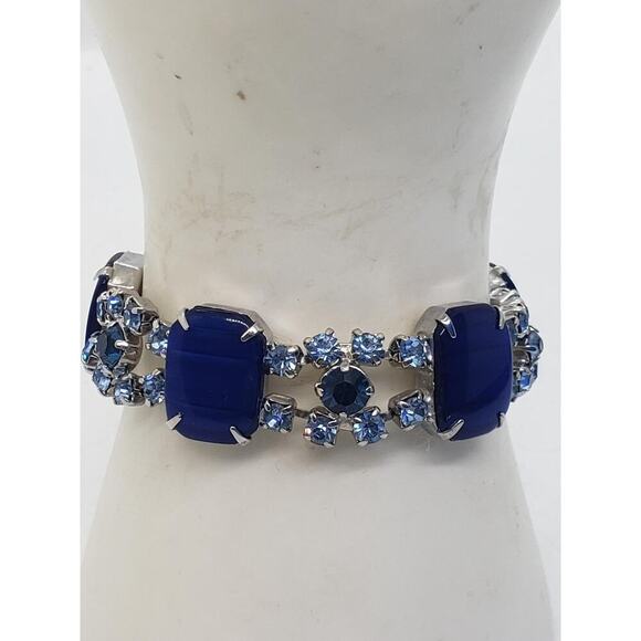 Vintage Kramer Blue Striped Thermoset & Rhinestone Lucite Bracelet signed 1940s